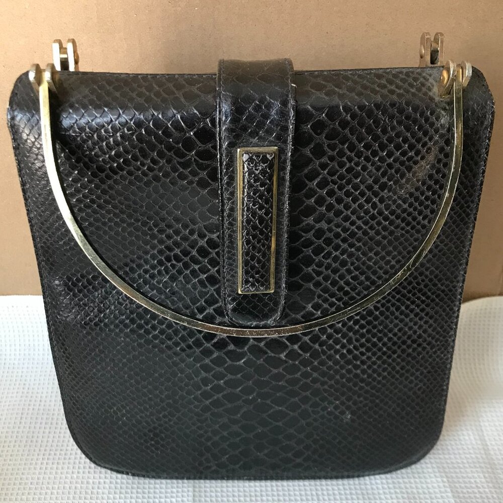 Vintage DOFAN France Brown Embossed Snake Lizard Leather Slender Handbag